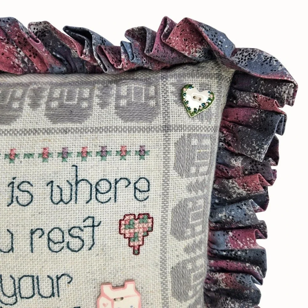Shepherds Bush Home Heart Cross Stitch COMPLETED Pillow Buttons Family Stitching